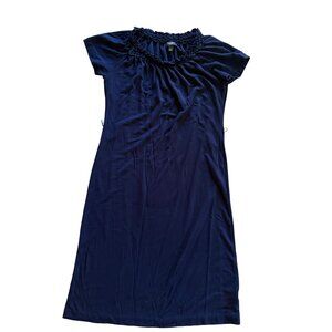 Talbots Petite Size P Small Navy Blue Short Sleeve Midi Dress With Ruffle Neck